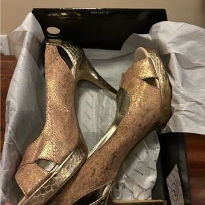 Alfani, size 9.5, blush colored with gold accents, 4” opentoed heels.